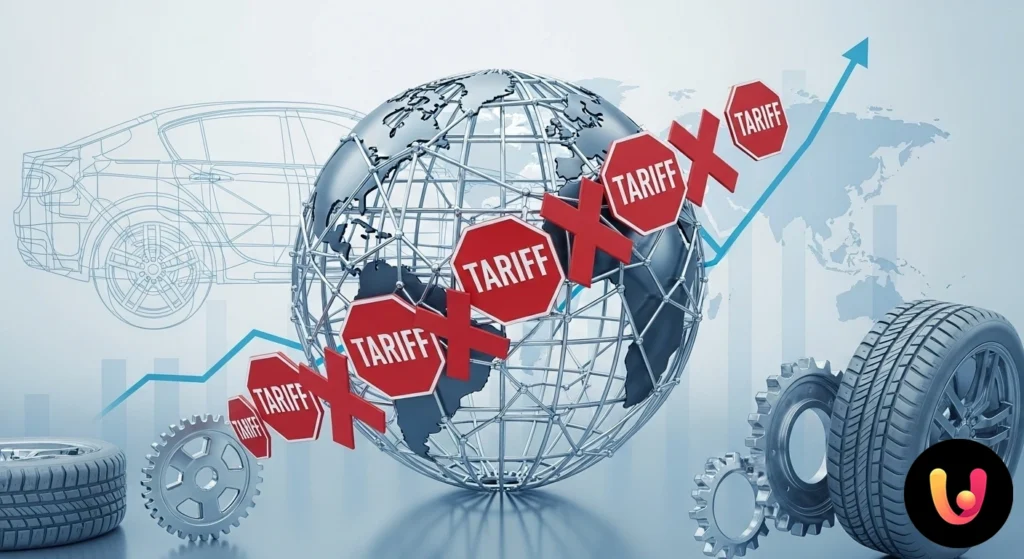 Dazi auto: come cambiano prezzi e mercato Fila di automobili nuove di diversi marchi internazionali ferma davanti a una barriera simbolica di container.