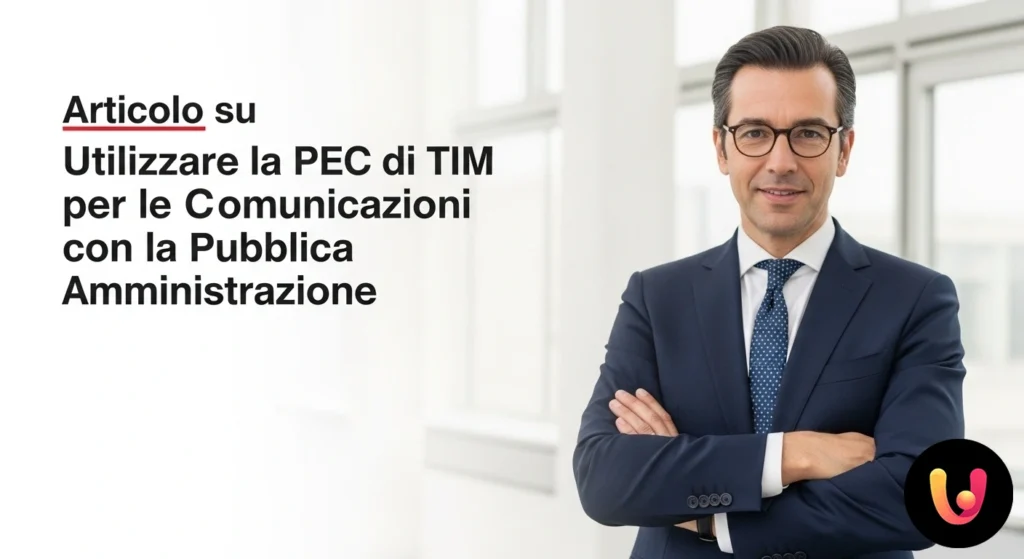 User at computer sending a certified tim pec communication to a stylized icon of the public administration.