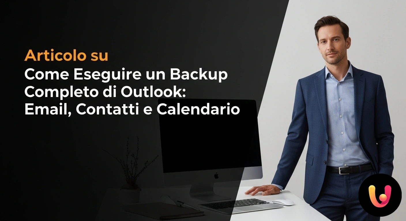 Backup Outlook: Metti al sicuro email, contatti e calendario. Icone di email, contatti e calendario che si spostano dal logo di outlook verso un'icona di archivio dati sicuro.