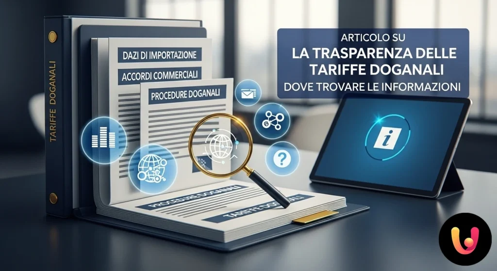 Operatore che consulta su un tablet le informazioni doganali di un pacco all'interno di un magazzino logistico.