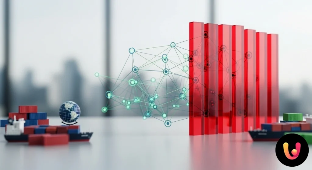 Gru che caricano container su una nave cargo in un porto commerciale, a rappresentare il flusso delle merci globali.