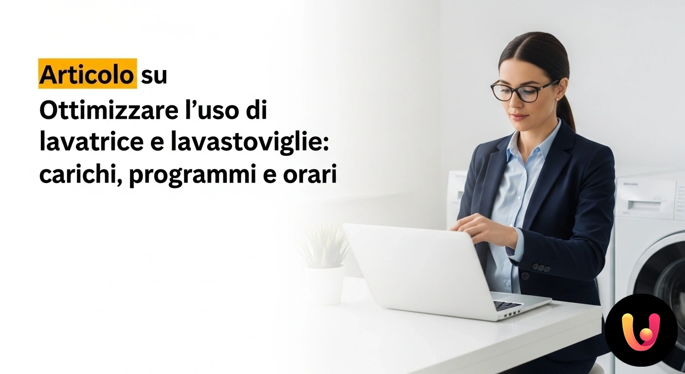 Ottimizza Lavatrice e Lavastoviglie: Risparmia su Carichi e Orari Lavatrice e lavastoviglie moderne affiancate, con un display digitale che mostra la selezione di un programma ecologico.
