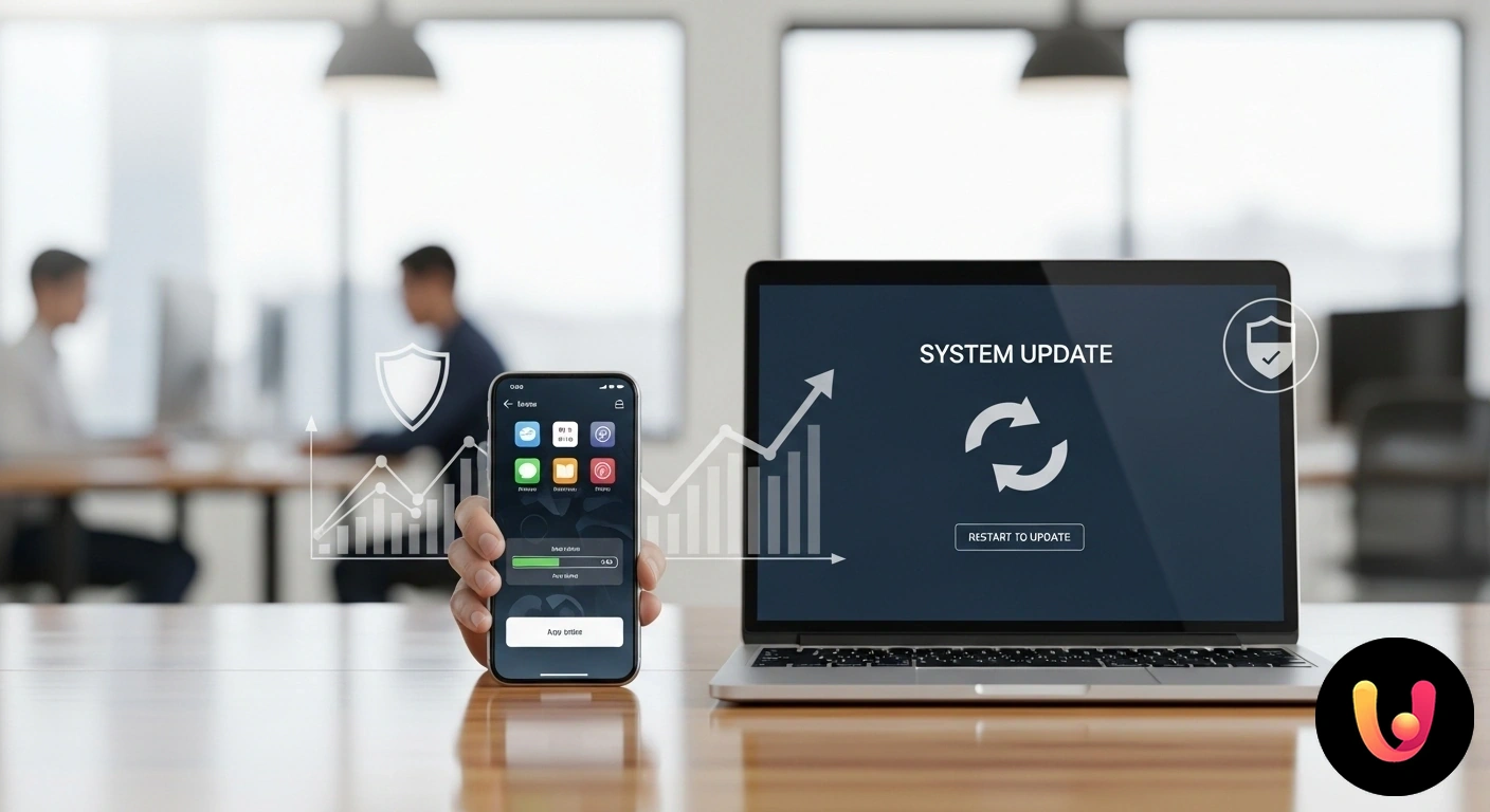 Aggiornamenti software: Sicurezza e nuove funzionalità per i tuoi dispositivi. Schermo di smartphone che mostra un avviso di aggiornamento del sistema operativo e icone di app con notifiche di update.