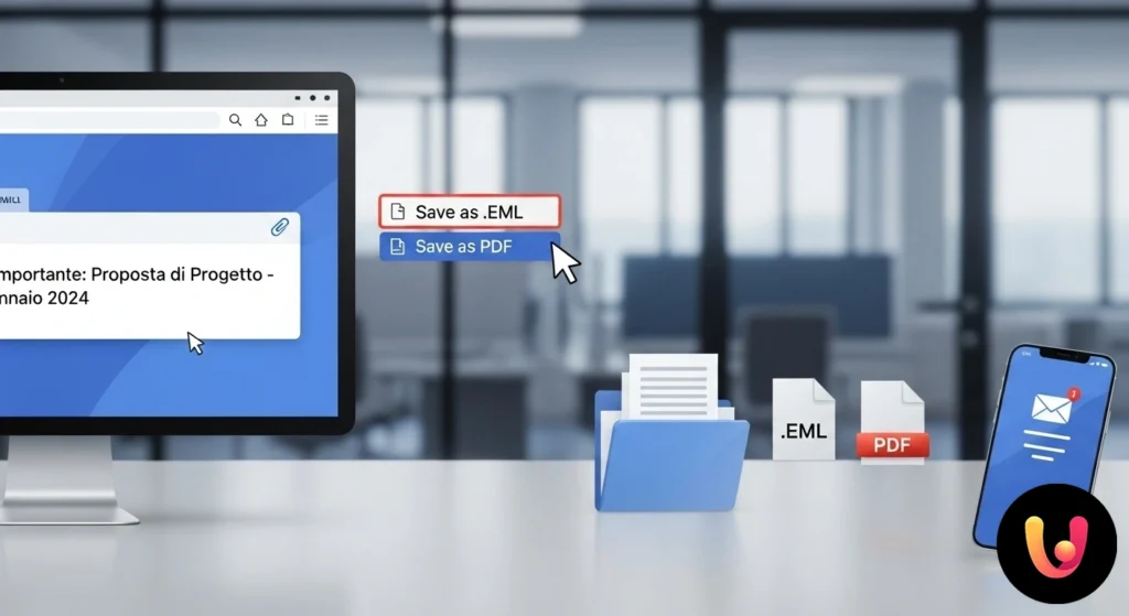Interfața unui program de e-mail care arată meniul 'fișier' deschis cu opțiunile pentru salvarea unui mesaj.