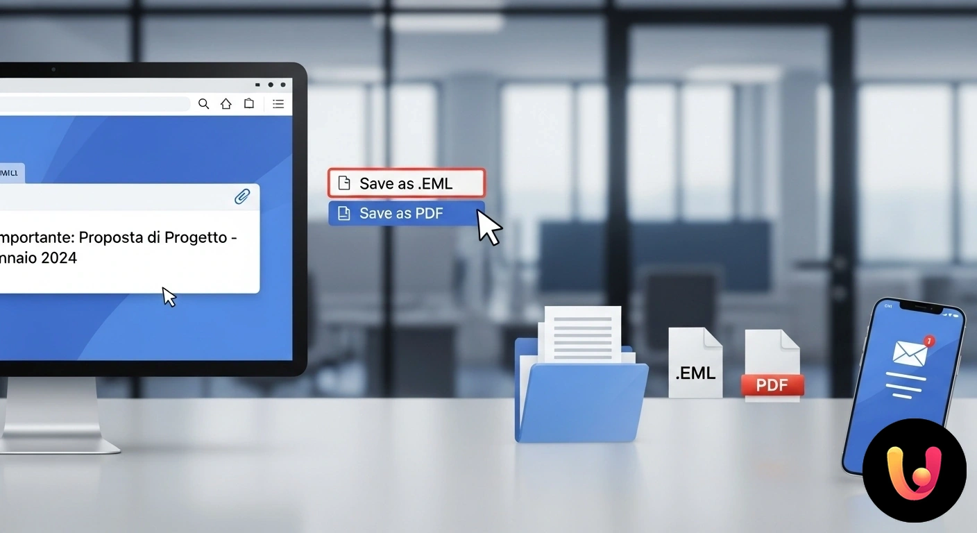 Guida al salvataggio di email in formato EML o PDF Interfaccia di un programma di posta elettronica che mostra il menu 'file' aperto con le opzioni per salvare un messaggio.