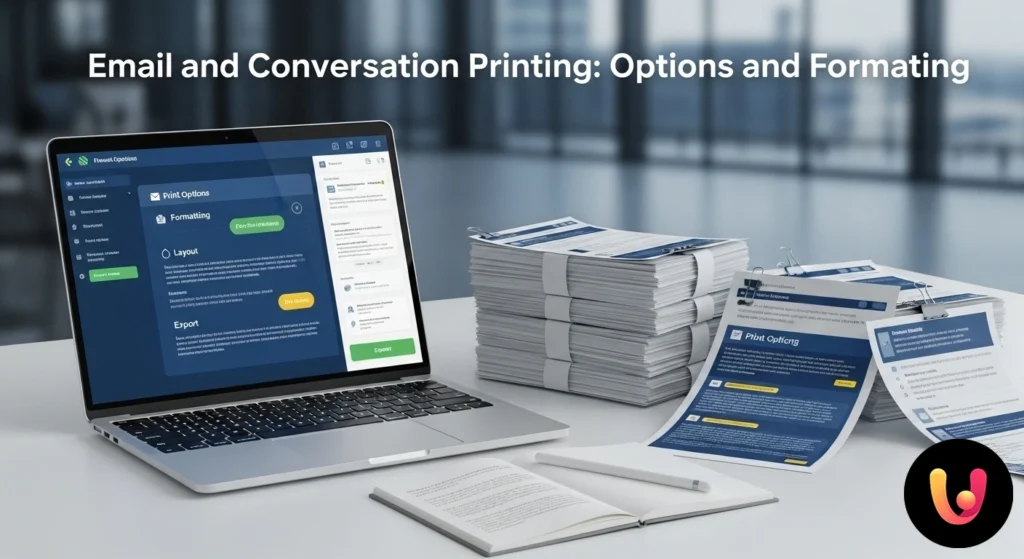 Captură de ecran a unui client de email cu fereastra de dialog de imprimare deschisă, arăt&acirc;nd opțiunile de formatare