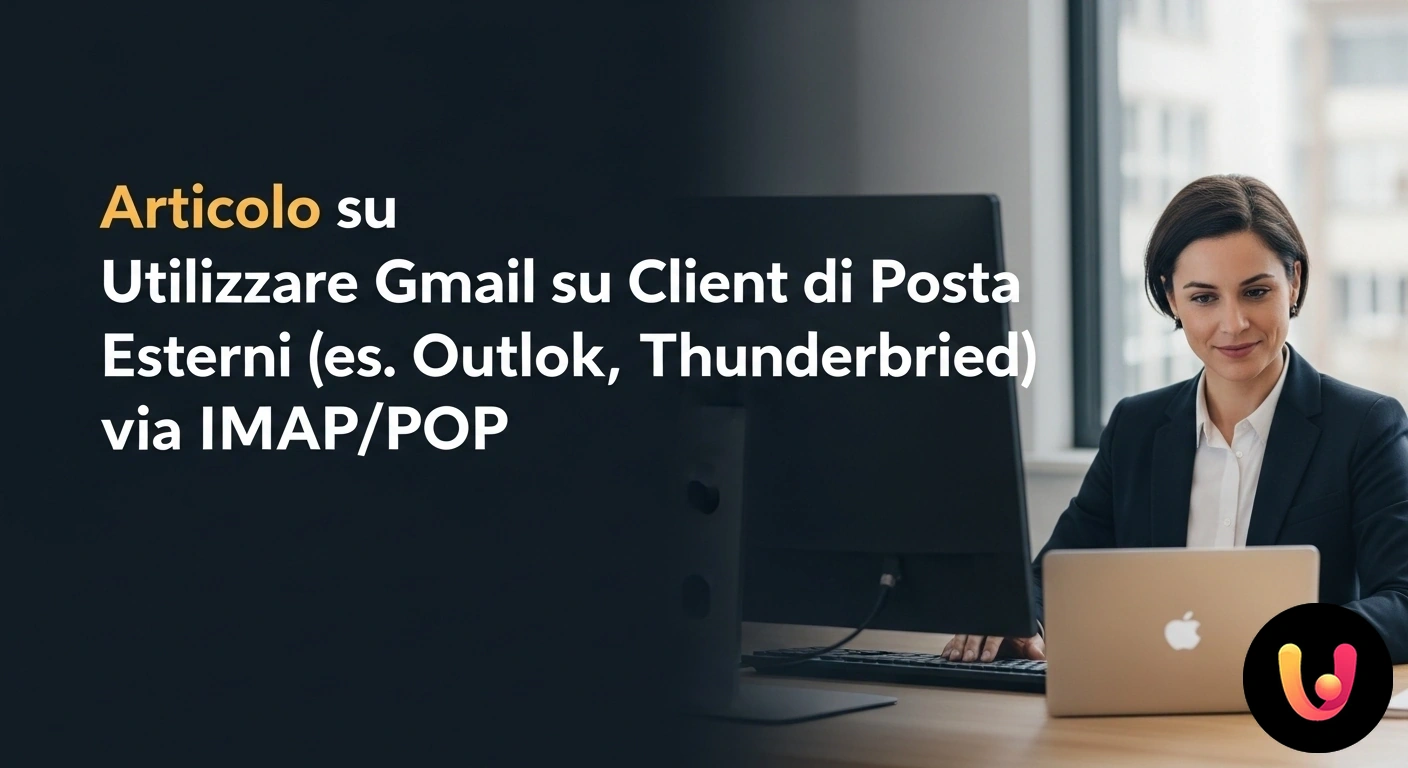 Come usare Gmail su Outlook e Thunderbird con IMAP/POP Logo di gmail al centro, collegato con frecce ai loghi dei client di posta elettronica outlook e thunderbird ai lati.