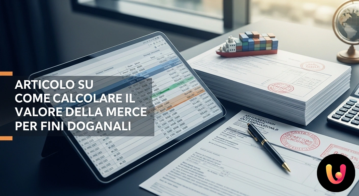 Guida al calcolo del valore doganale delle merci per l'import-export. Professionista che analizza una fattura commerciale e usa una calcolatrice con pacchi di spedizione sullo sfondo.
