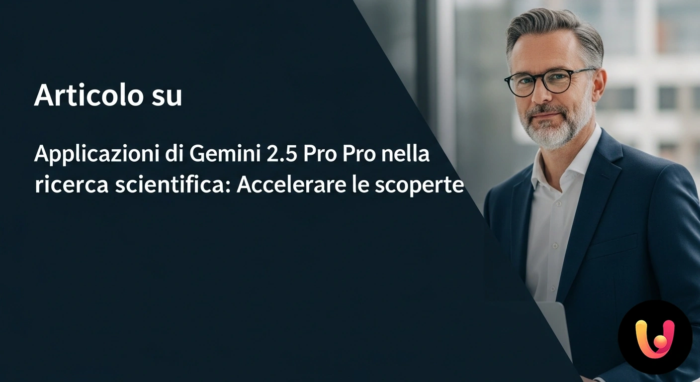 Gemini 2.5 Pro: AI per accelerare le scoperte nella ricerca scientifica. Visualizzazione astratta di una rete neurale interconnessa con una struttura molecolare, a simboleggiare l'analisi di dati sc