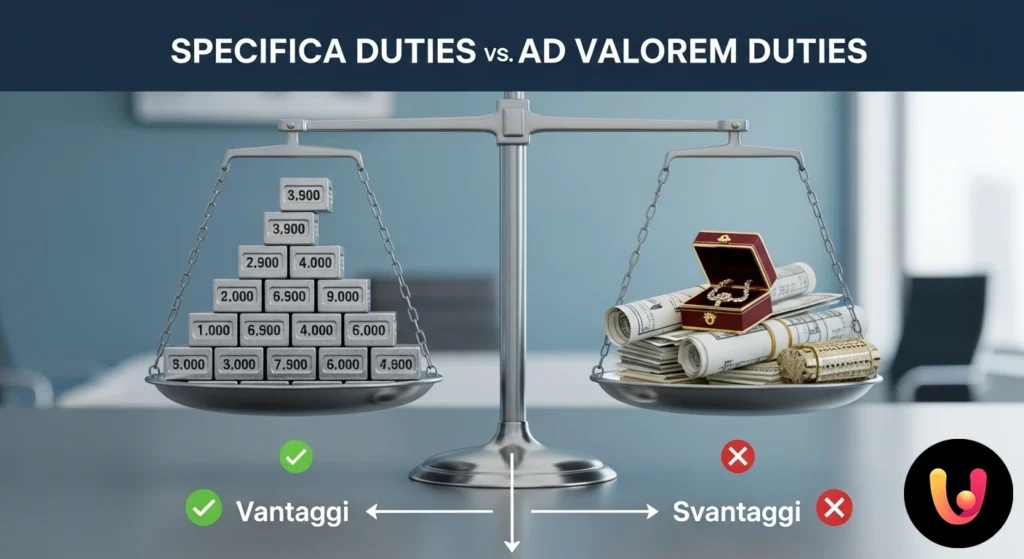 Dazi Specifici vs Ad Valorem: Vantaggi, Svantaggi e Impatti Diagramma che confronta i dazi specifici, un importo fisso per unità, con i dazi ad valorem, una percentuale sul valore del b
