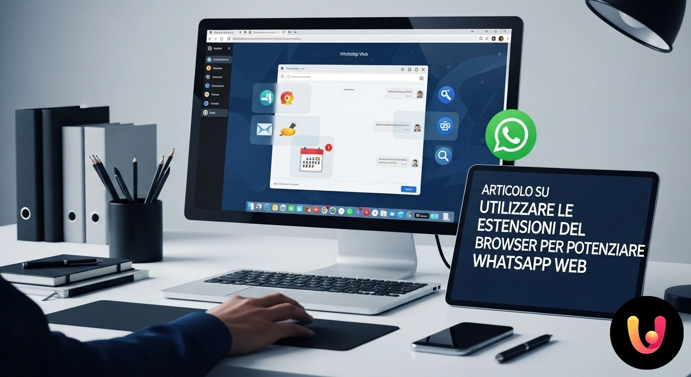 Migliora WhatsApp Web con le Estensioni per Browser Interfaccia di whatsapp web su laptop con icone di estensioni del browser visibili nella barra degli strumenti.