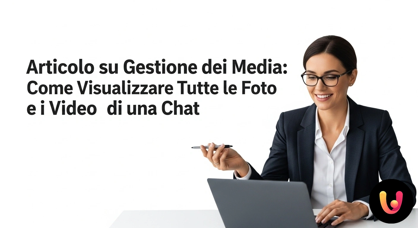 Trova subito tutte le foto e i video scambiati nelle tue chat. Interfaccia di un'applicazione di messaggistica con la galleria media aperta, visualizzando miniature di foto e video.