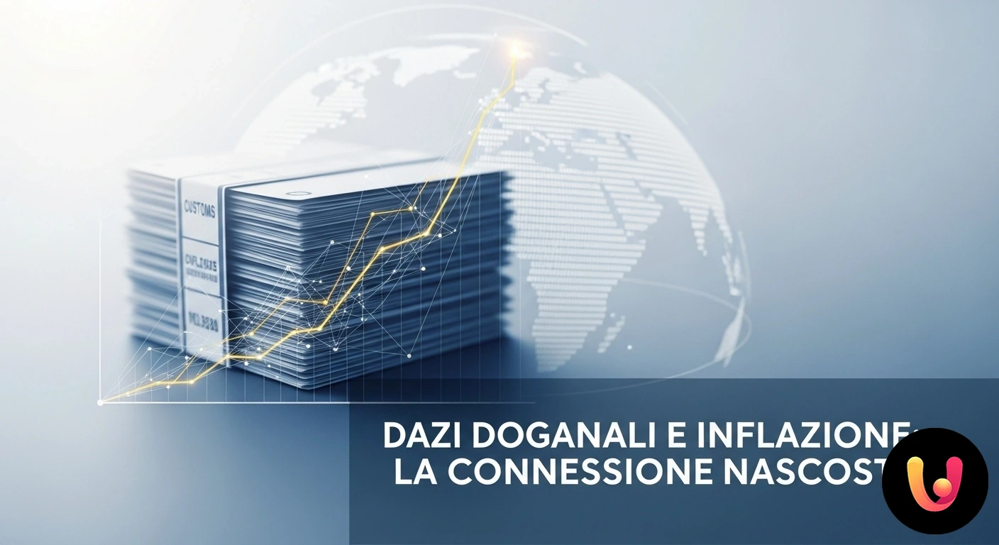 Dazi Doganali e Inflazione: L'impatto diretto sui prezzi al consumo Grafico concettuale che mostra una barriera doganale davanti a delle merci, con una freccia che indica l'aumento dell'inflazi