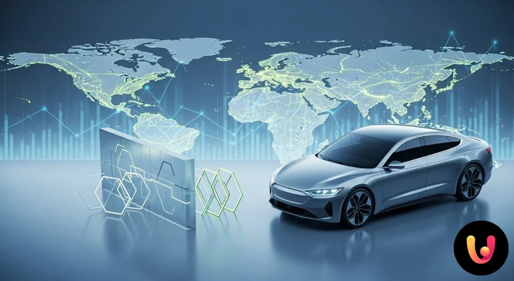 Composizione grafica di auto elettriche e bandiere di nazioni concorrenti, separate da un simbolo di dazio.