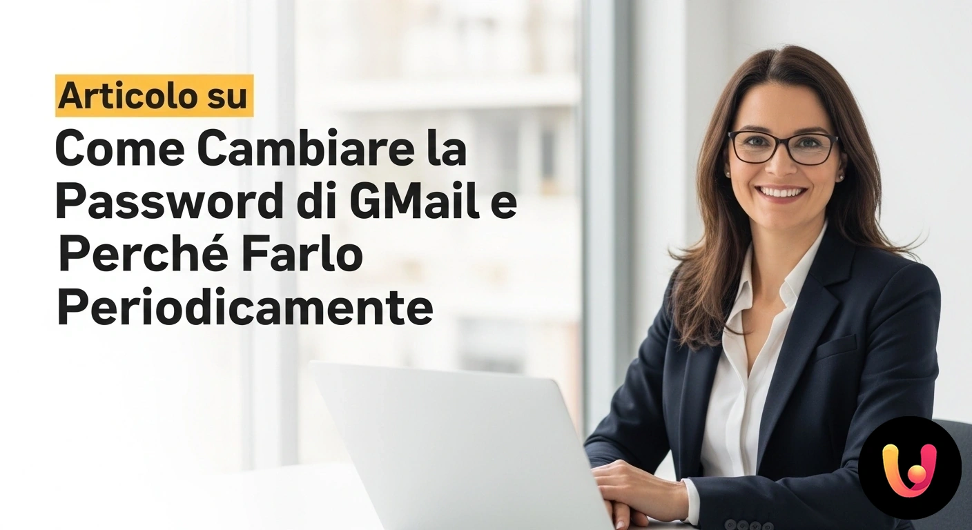 Guida al cambio password di Gmail per proteggere il tuo account. Icona di un lucchetto di sicurezza accanto al logo di gmail e a un campo per l'inserimento di una nuova password.
