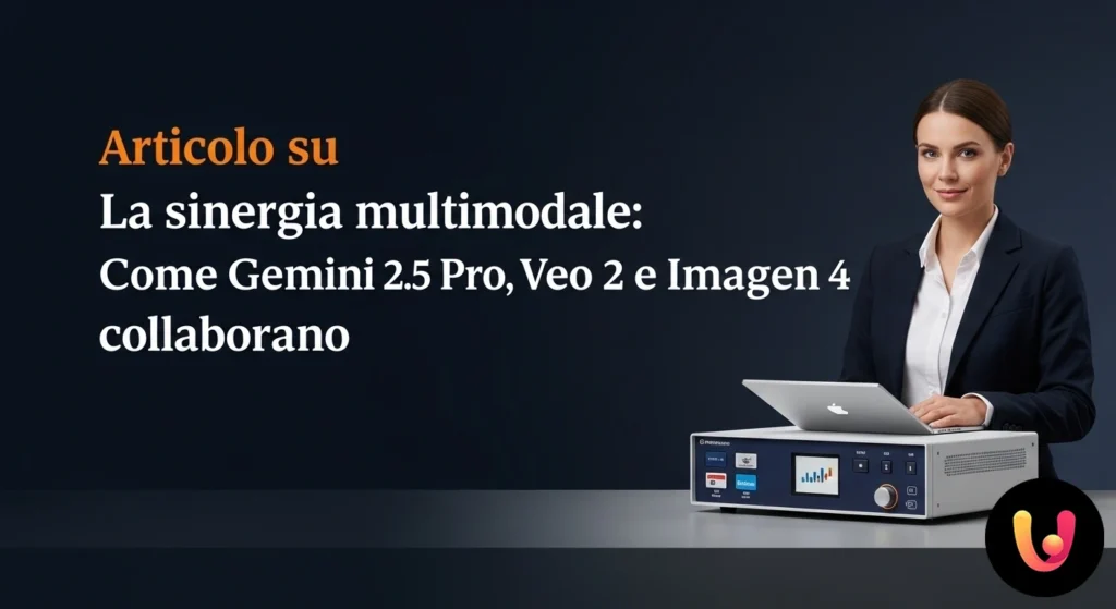 Diagramma concettuale della sinergia multimodale tra ia, con nodi interconnessi per testo, video e immagini.
