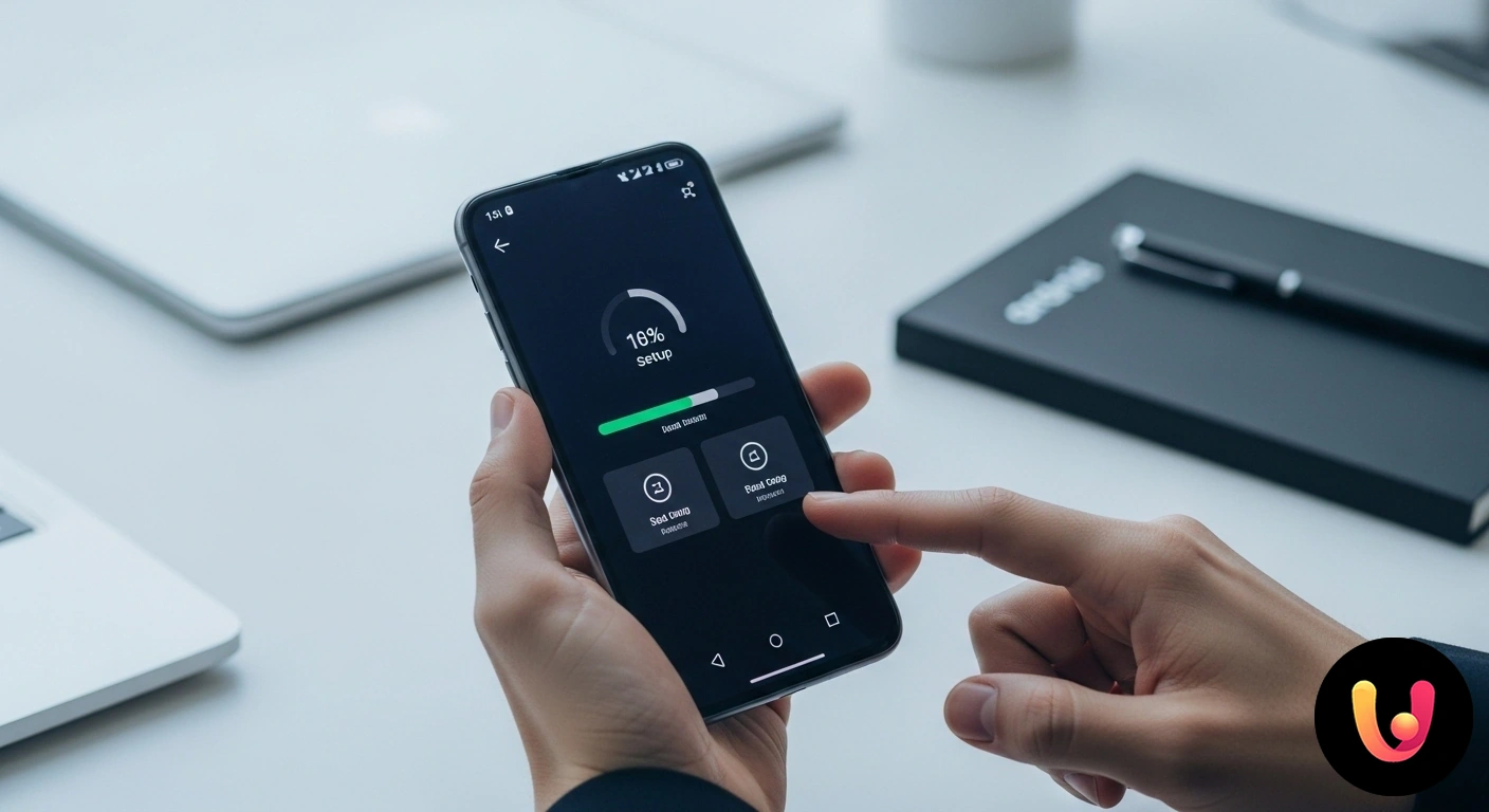 Guida alla configurazione iniziale di un nuovo smartphone Android. Schermata di benvenuto di android visualizzata su un nuovo smartphone durante il processo di configurazione iniziale.