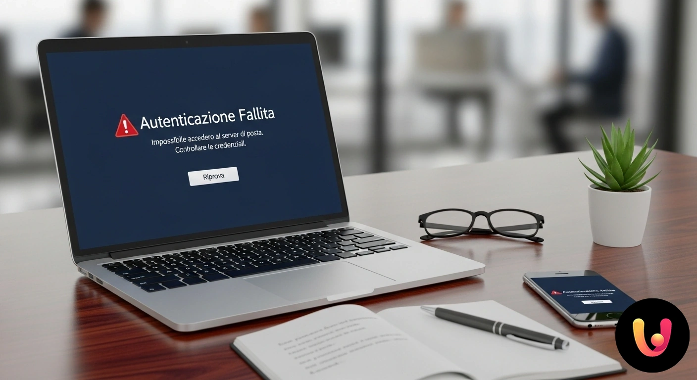 Come risolvere l'errore 'Autenticazione Fallita' sulla tua email Schermata di un programma di posta elettronica che mostra una finestra di avviso con un'icona di errore e il testo 'autentica