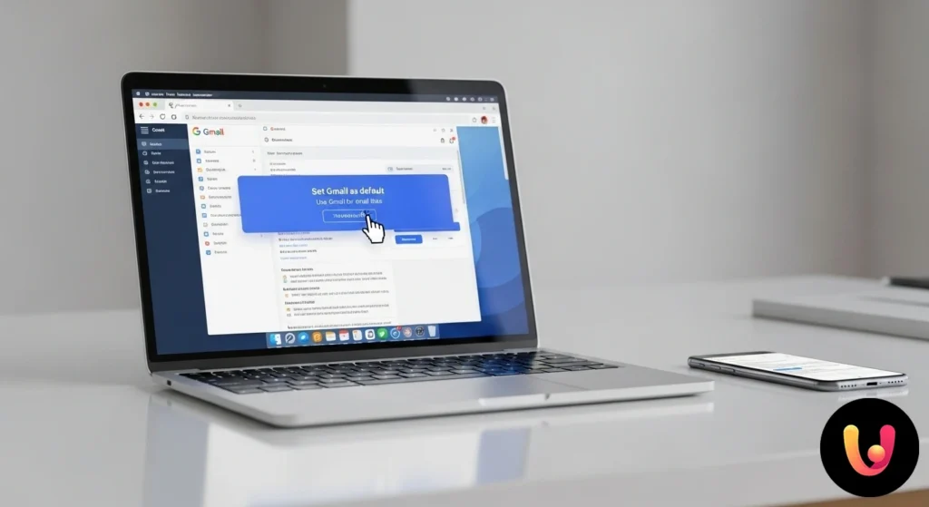 Illustration du logo de gmail et d'une icône de navigateur indiquant le paramétrage comme client de messagerie par défaut.
