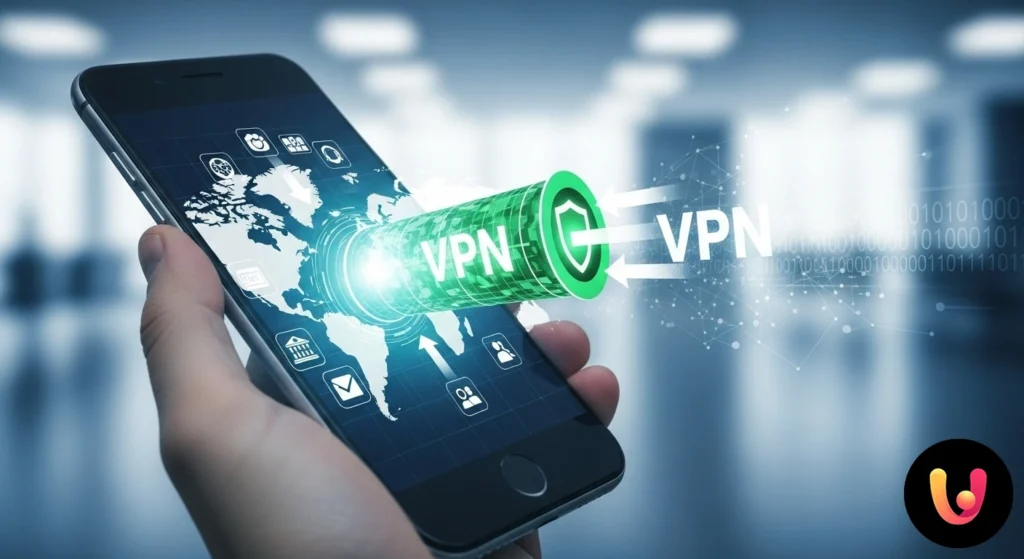 Smartphone a mostrar uma aplica&ccedil;&atilde;o vpn ligada, com um &iacute;cone em forma de cadeado a simbolizar a liga&ccedil;&atilde;o segura e