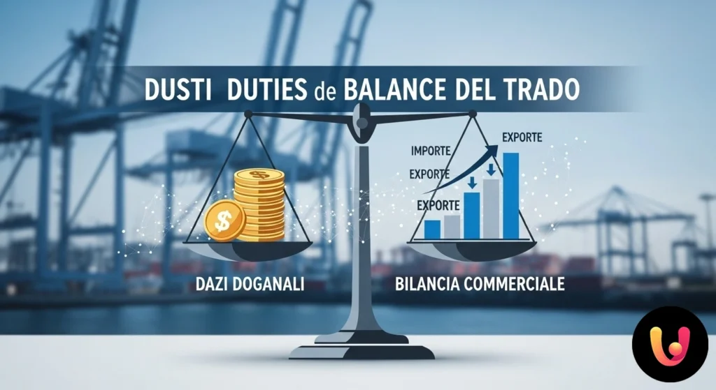 Nave portacontainer in un porto commerciale con frecce sovrapposte che indicano i flussi di import ed export.