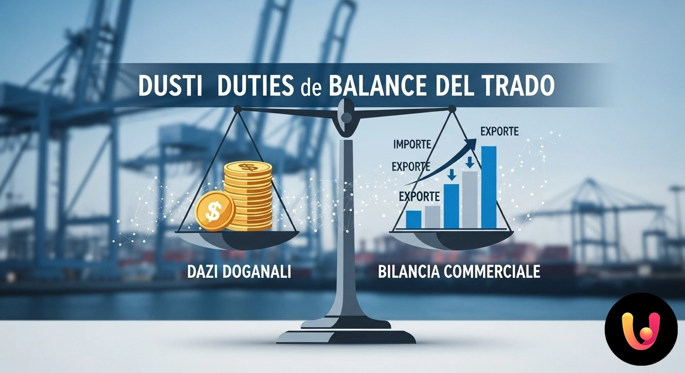 Impatto dei dazi doganali sulla bilancia commerciale di uno Stato. Nave portacontainer in un porto commerciale con frecce sovrapposte che indicano i flussi di import ed export.