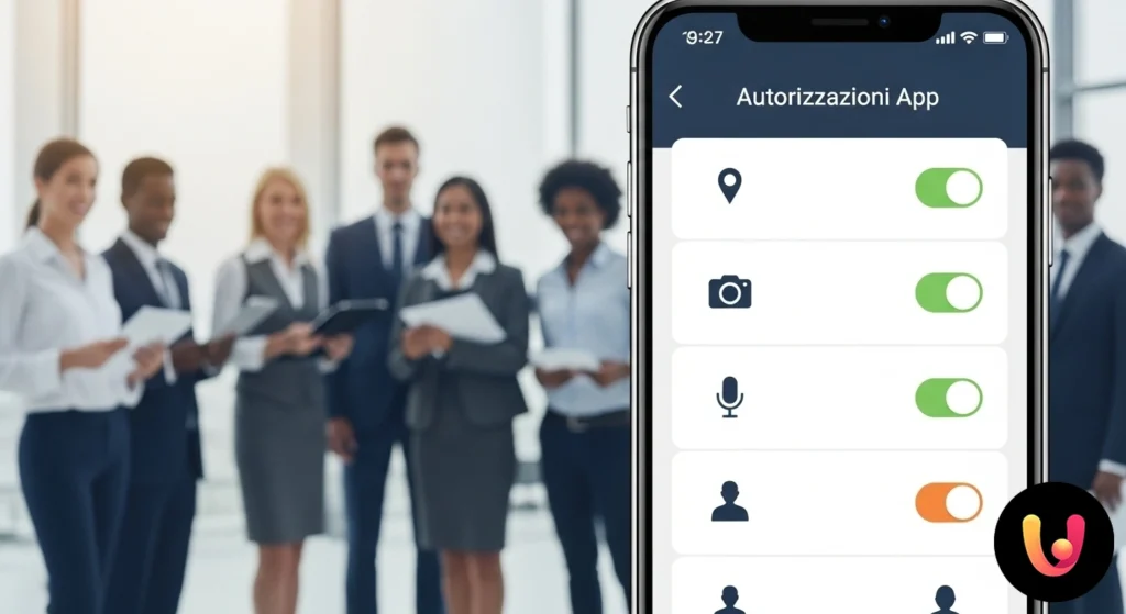 Smartphone a mostrar o ecrã de definições para a gestão das permissões das aplicações, com ícones e interruptores