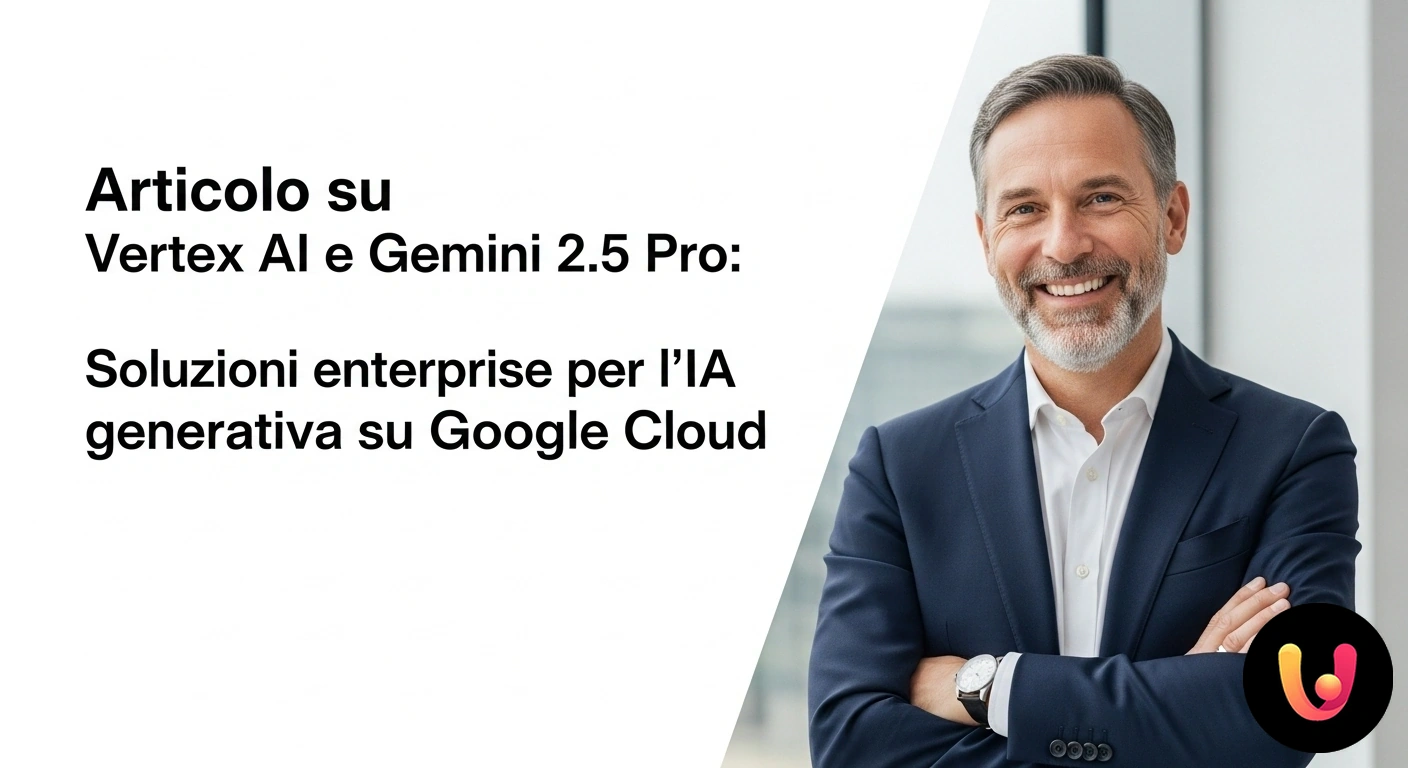 Vertex AI e Gemini 2.5 Pro: Soluzioni di IA Generativa Enterprise su Google Cloud Architettura di una soluzione ia enterprise con i loghi di vertex ai e gemini che interagiscono su una piattaforma cloud.