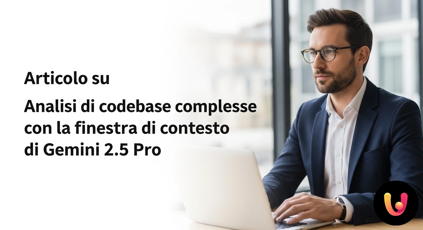 Analisi codebase con AI: la potenza della finestra di contesto di Gemini 2.5 Pro. Visualizzazione grafica di una complessa struttura di codice con nodi interconnessi analizzati da un'intelligenza artificiale
