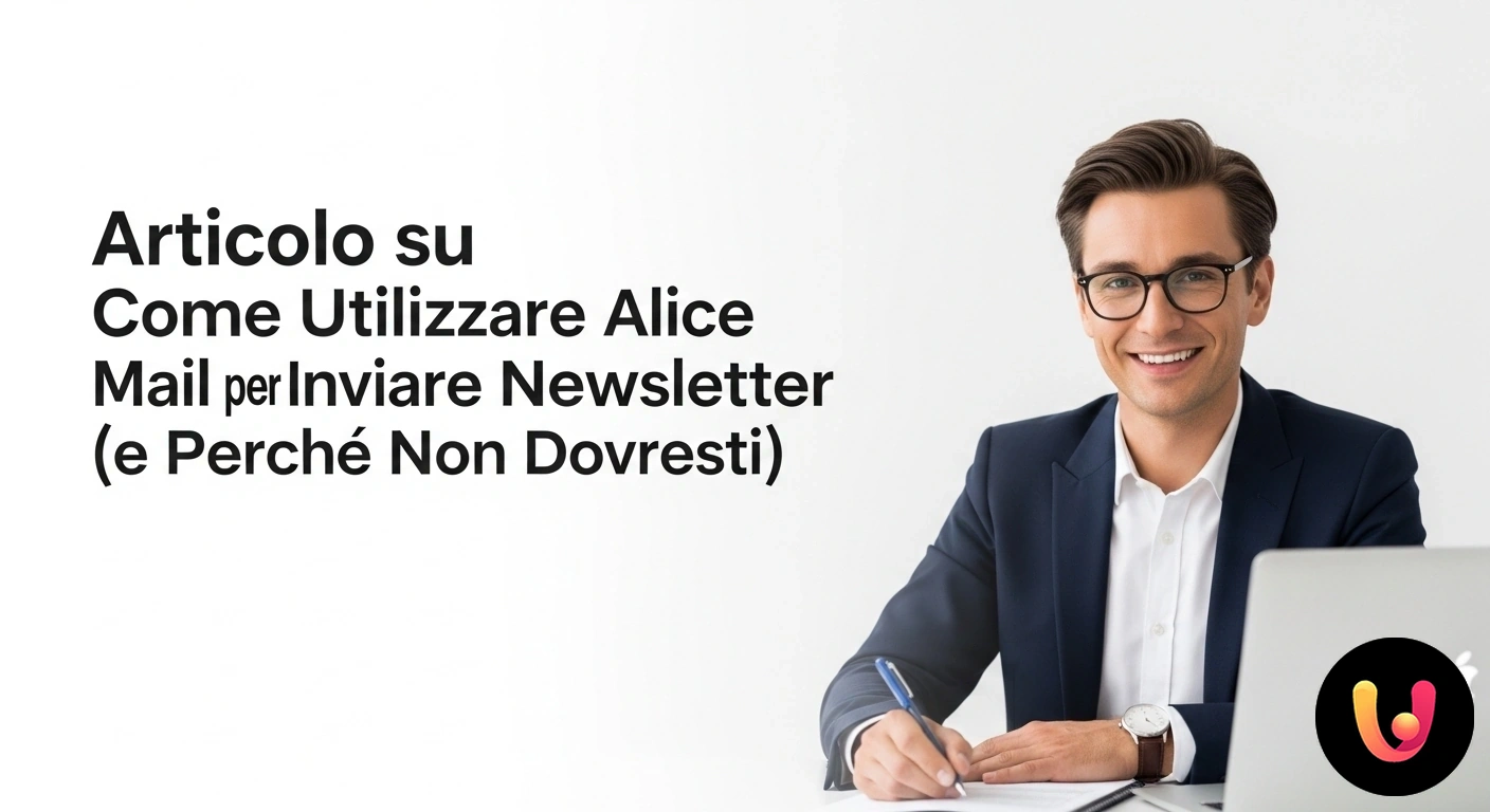 Alice Mail per Newsletter: Rischi, Limiti e Alternative Professionali Logo di alice mail affiancato all'icona di una newsletter, con un simbolo rosso di avvertimento o divieto in primo piano.