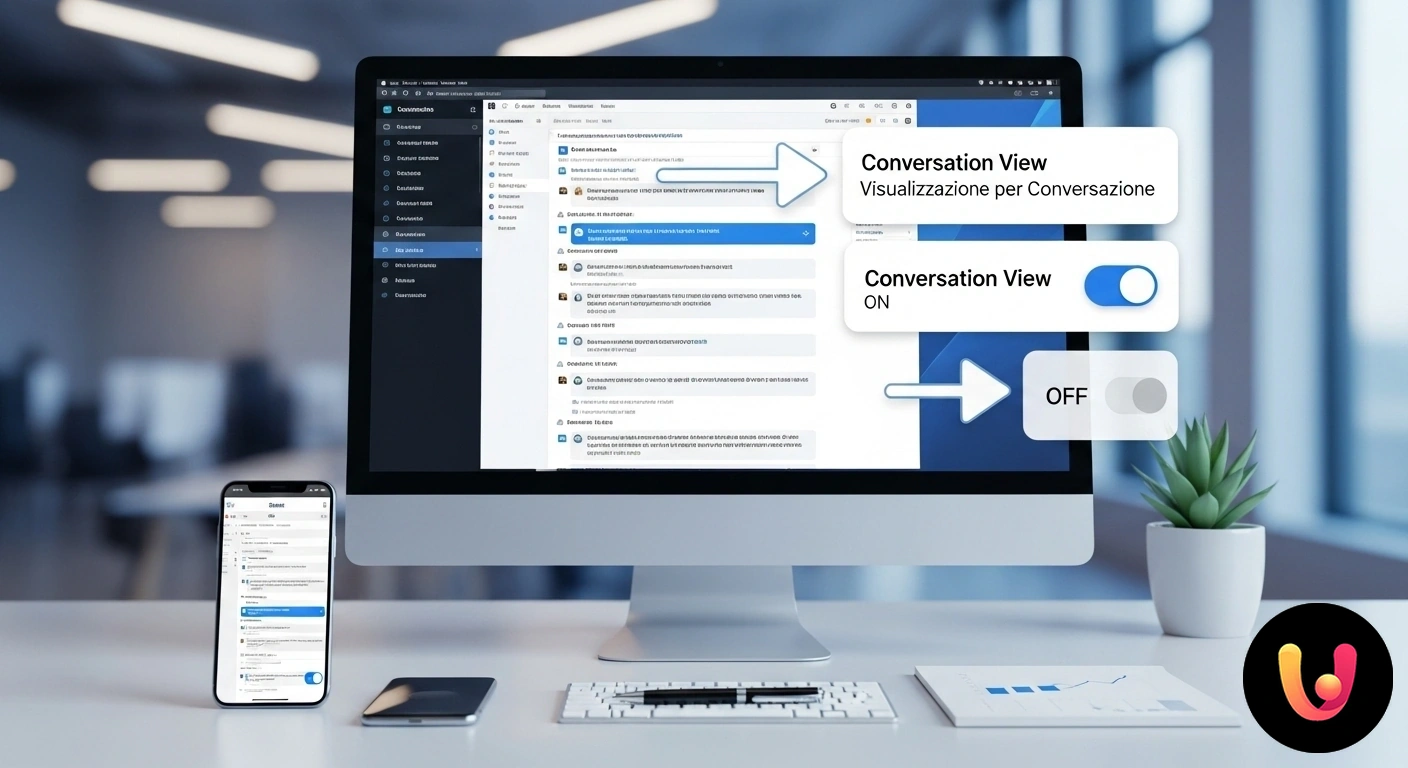 Visualizzazione per Conversazione: organizza o separa le tue email. Icone di email raggruppate in una conversazione a confronto con email mostrate singolarmente in ordine cronologico.