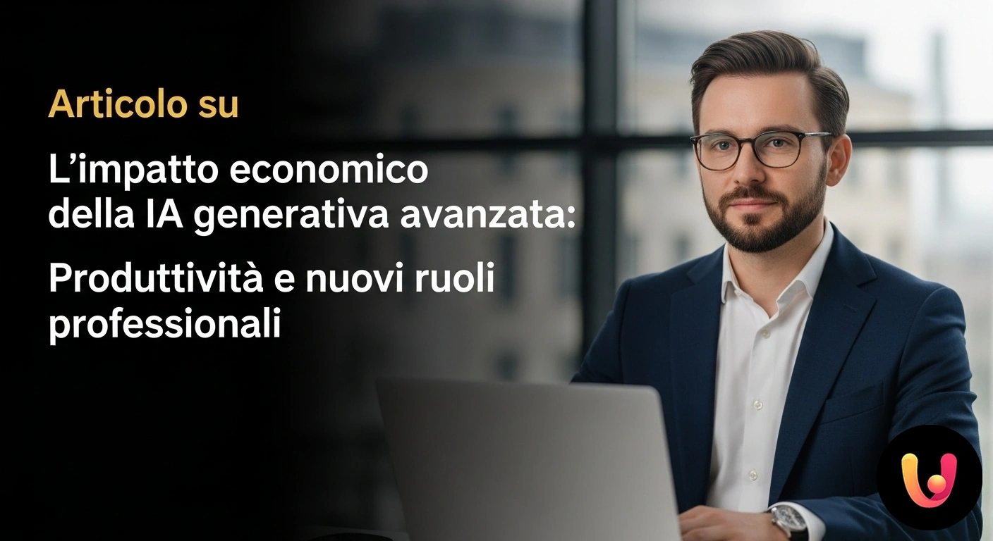 IA Generativa: L'impatto economico su produttività e lavoro Cervello umano stilizzato fuso con circuiti digitali luminosi, con grafici di crescita economica e produttività in background