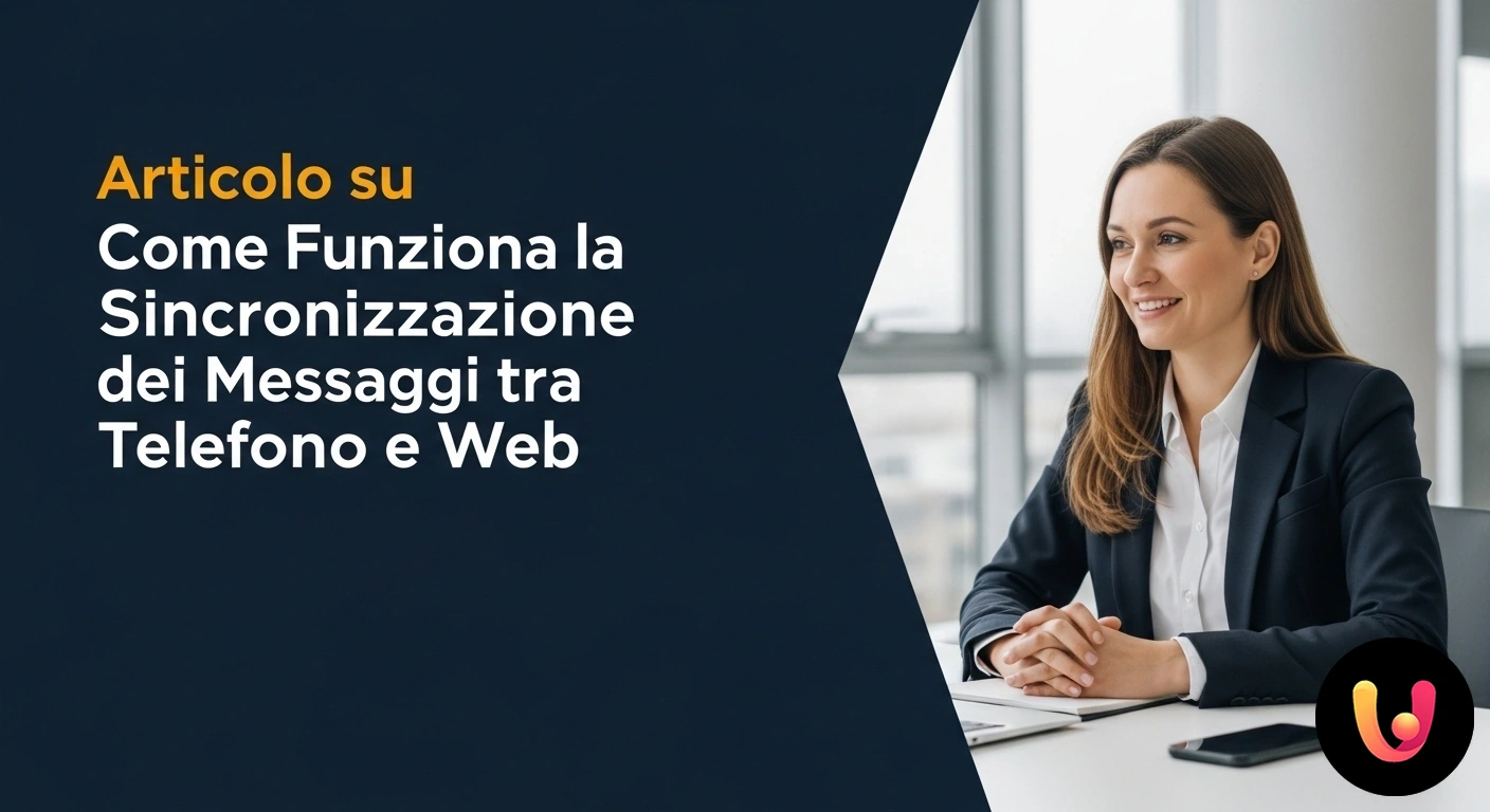 Sincronizzazione Messaggi: La tua chat sempre aggiornata tra telefono e web Flusso di dati tra uno smartphone e un computer che visualizzano la stessa interfaccia di messaggistica per rappresentare la