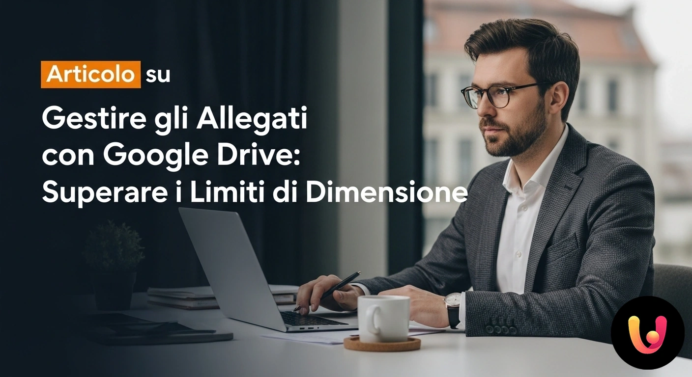 Google Drive: la soluzione per inviare allegati pesanti via email Diagramma che illustra il trasferimento di un file di grandi dimensioni verso un'icona email, passando attraverso il cloud di
