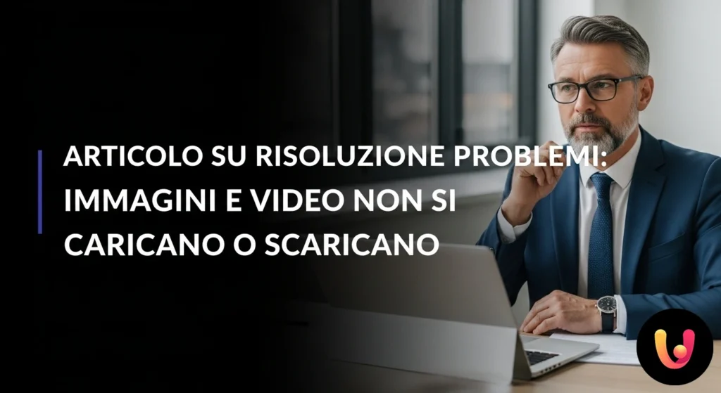 Schermo di un computer portatile che mostra una pagina web con icone di immagini non caricate e un lettore video bloccato sul