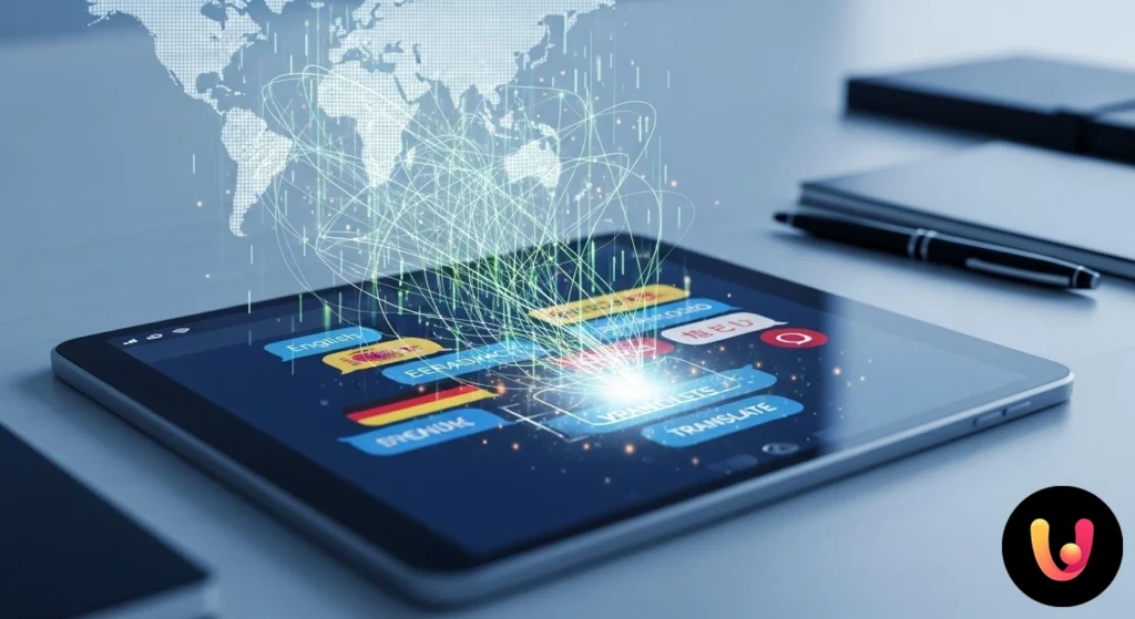 Interface de chat sur smartphone convertissant un texte d'une langue à l'autre en temps réel, symbolisant la communication