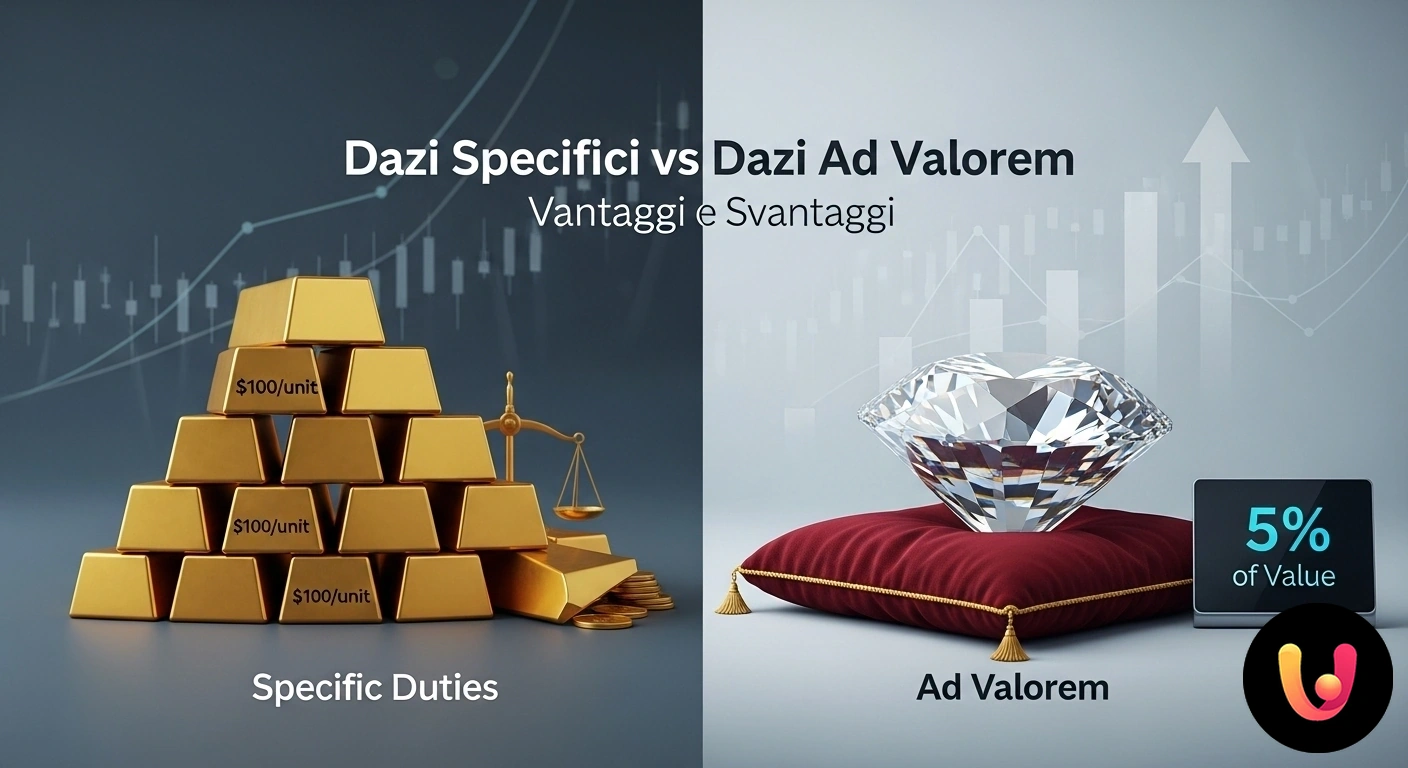 Dazi Specifici vs Ad Valorem: Guida alle Differenze Chiave Grafico comparativo che illustra la differenza tra un dazio specifico a importo fisso e un dazio ad valorem basato su percent