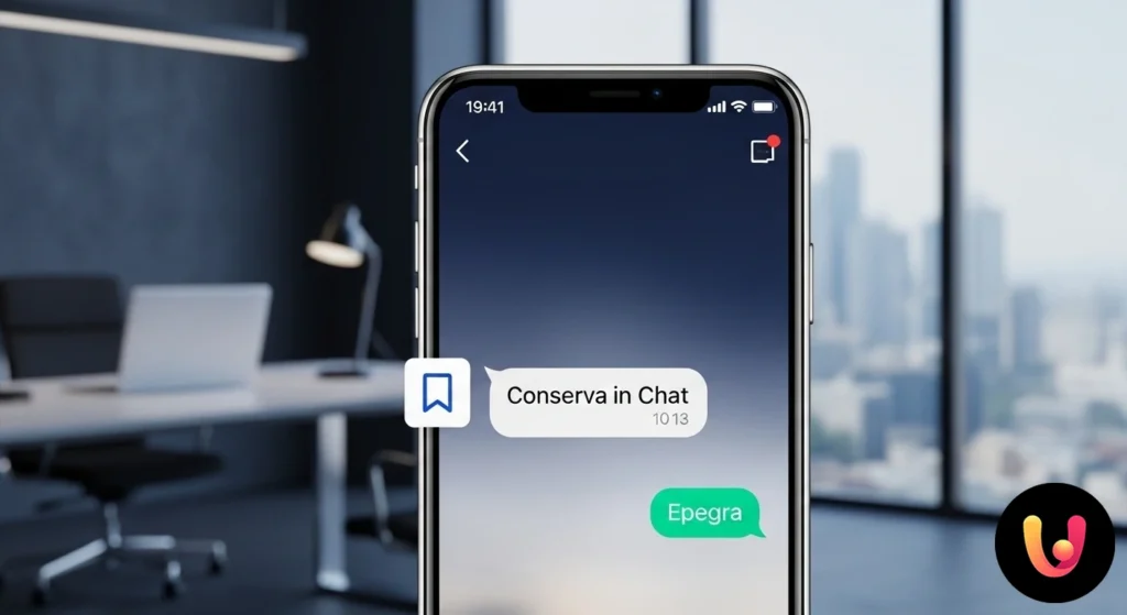 Interfaccia di una chat su smartphone dove un messaggio effimero viene salvato tramite la funzione 'conserva'.