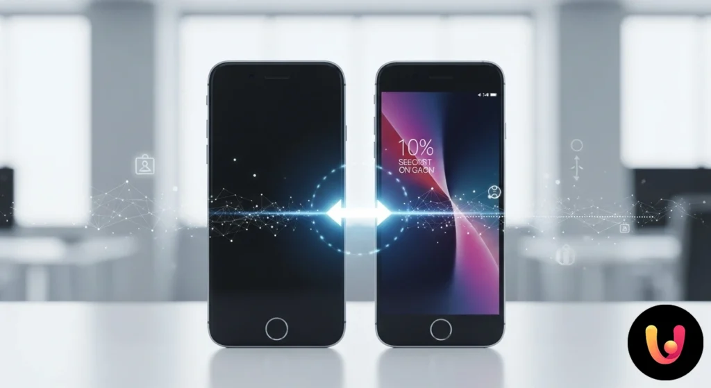 Dois smartphones lado a lado com uma seta a indicar a passagem de dados do modelo mais antigo para o mais novo.