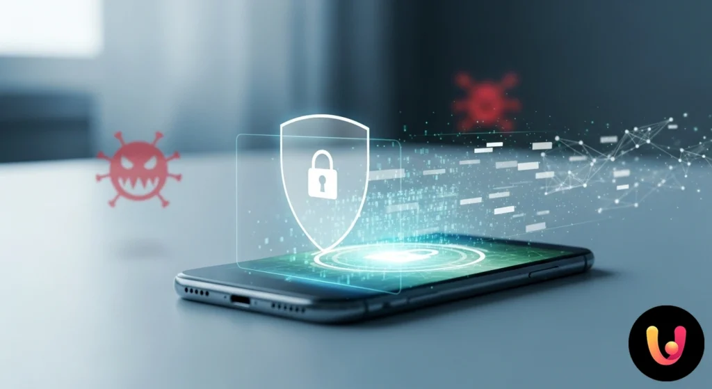 Smartphone con uno scudo di sicurezza sullo schermo che blocca e respinge simboli rossi di virus e minacce informatiche.