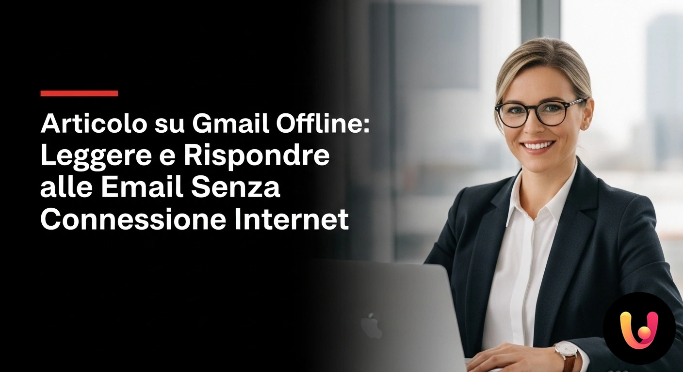 Gmail Offline: Leggi e rispondi alle email anche senza connessione internet. Schermata di un laptop che mostra l'interfaccia di gmail con un'icona di stato offline, mentre un utente compone un'email.