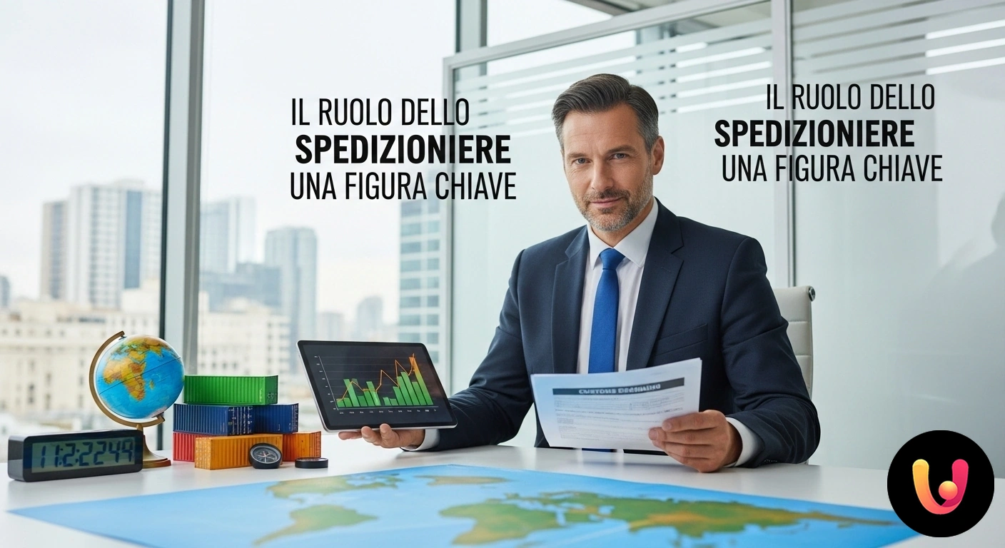 Il ruolo chiave dello spedizioniere doganale per un import-export efficiente e sicuro. Spedizioniere doganale che esamina documenti di trasporto internazionali in un porto con navi portacontainer sullo sfondo.