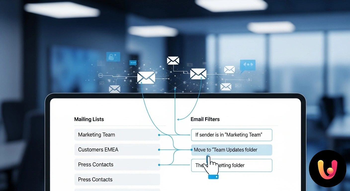 Crea filtri per mailing list e organizza la tua posta Schema che illustra un'email proveniente da una mailing list reindirizzata automaticamente in una cartella specifica tramite