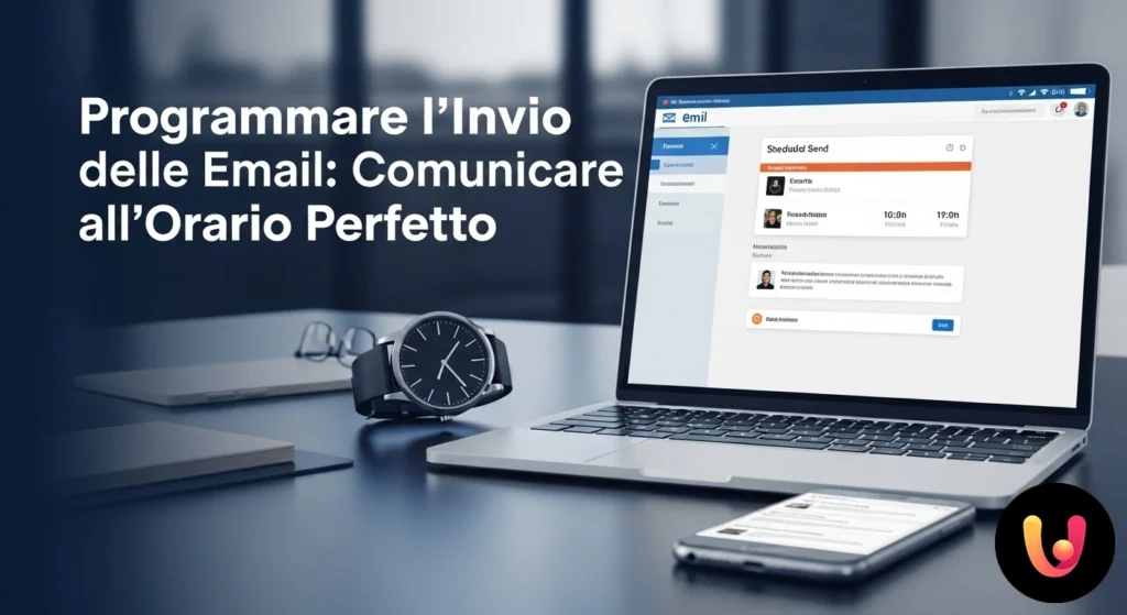 Icona di una email sovrapposta a un orologio e un calendario, a simboleggiare la pianificazione temporale dell'invio.