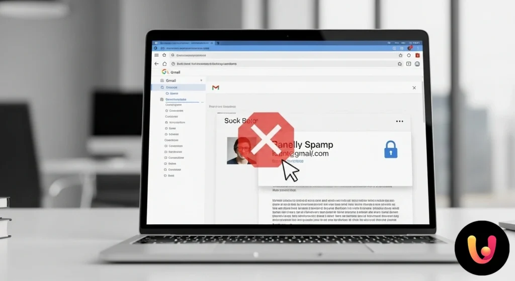 Interfaz de usuario de Gmail que muestra el menú desplegable de un correo con la opción 'bloquear [nombre remitente]' resaltada.