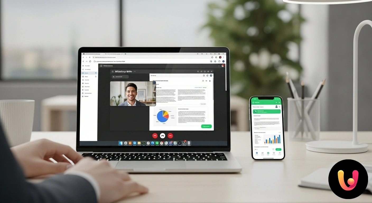 Come Condividere lo Schermo nelle Videochiamate WhatsApp Web Interfaccia di una videochiamata su whatsapp web con l'icona di condivisione dello schermo evidenziata durante una chiamata.