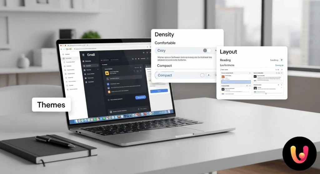 Interface de gmail avec le panneau 'paramètres rapides' ouvert montrant les options pour modifier le thème, la densité et la mise en page