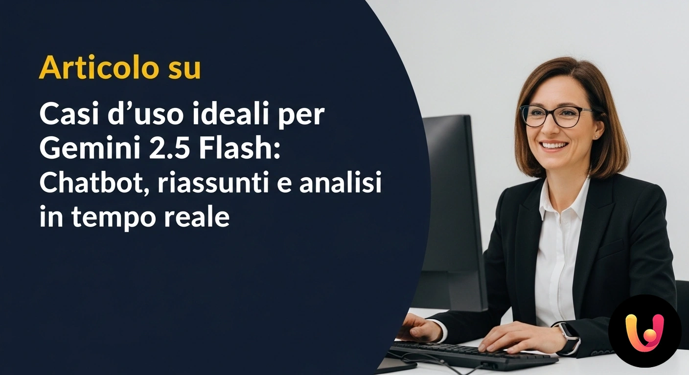 Casi d'uso di Gemini 1.5 Flash: Chatbot, riassunti e analisi Rappresentazione visiva di un'ai che processa flussi di dati collegati a icone di chat, documenti e grafici analitici.