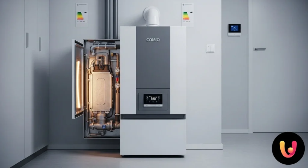 Schema del processo di condensazione in una caldaia, con recupero del calore latente dai fumi di scarico per preriscaldare l'