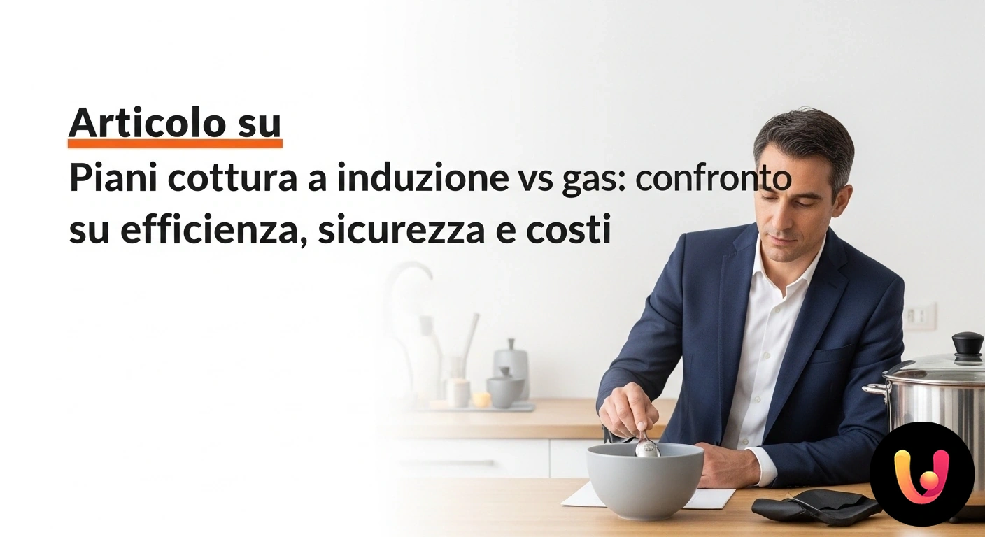 Induzione vs Gas: La guida completa per scegliere il piano cottura ideale per te. Confronto visivo tra un piano cottura a gas con fiamma accesa e un piano cottura a induzione con una pentola posizionata sopr